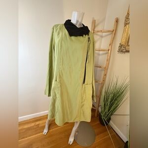 Light Green Trench Coat with Black Collar - Modern Asymmetric Zip